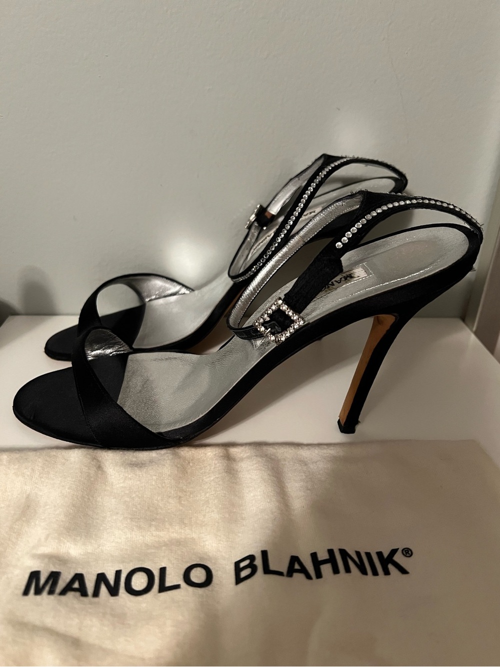Manolo Blahnik Black Satin & Rhinestone Heels - Size 41 - Picture 5 of 11